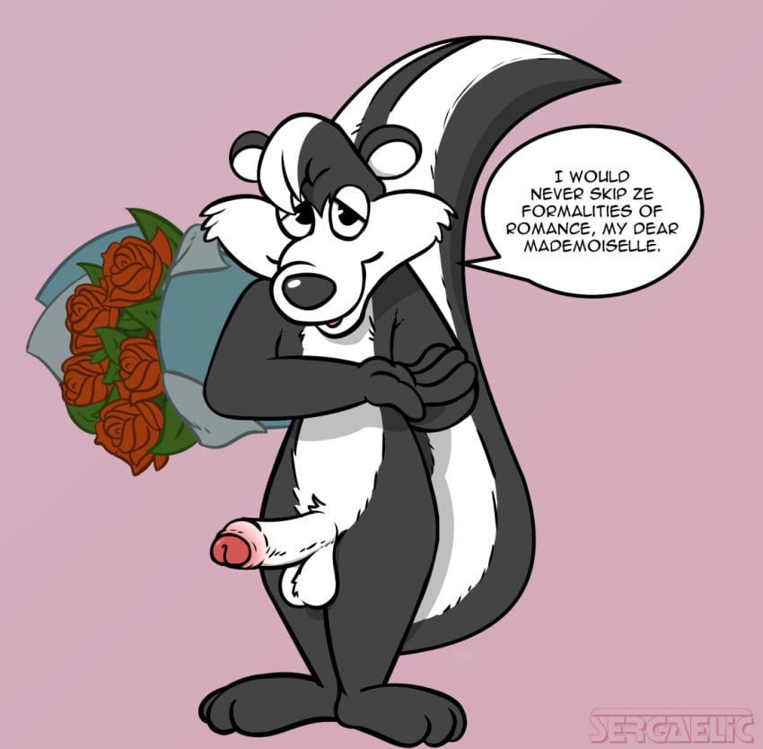 anthro black_fur bowing english_text erection foreskin furry looney_tunes male partially_retracted_foreskin penis pepe_le_pew rose_(flower) sergaelic skunk solo uncut