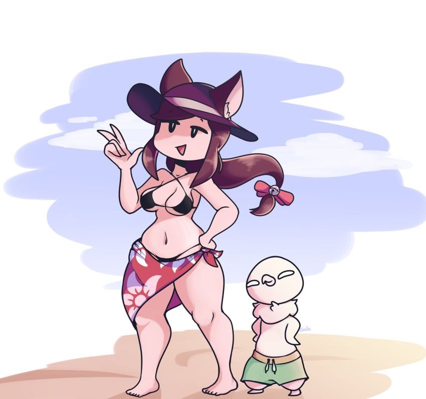 1boy 1girls 2019 aiko_(giidenuts) anthro background barefoot beach bikini full_body giidenuts long_hair original riley_(giidenuts) signature silk standing straw_hat swimming_trunks swimsuit thick_thighs voluptuous