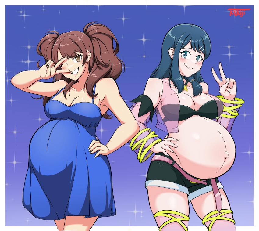 2girls big_breasts breasts duo female female_only fire_emblem huge_belly kujikawa_rise large_breasts oribe_tsubasa persona persona_4 pregnant ready_to_pop thick_thighs tokyo_mirage_sessions_#fe tsukiji v v_over_eye