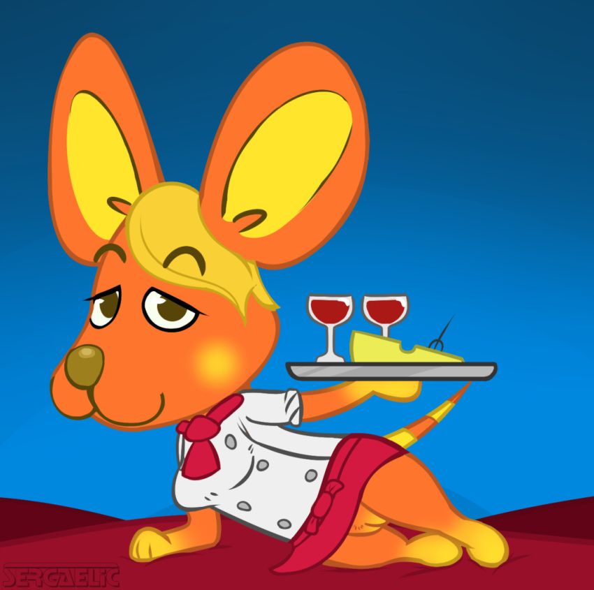 animal_crossing anthro bettina_(animal_crossing) blonde_hair brown_eyes cheese eyebrows_visible_through_hair female furry mouse nintendo no_panties orange_fur platter sergaelic solo tail upskirt waitress wine