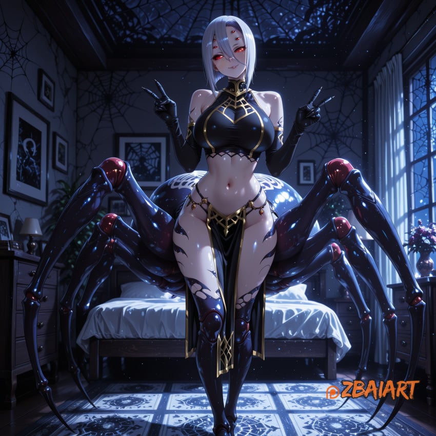 1girl ai_generated arachne artist:zbaiart breasts character:rachnera_arachnera cleavage copyright:monster_musume cowboy_shot female female_focus glasses indoors large_breasts long_hair looking_at_viewer mature_female monster_girl red_hair sitting solo solo_focus spider_girl yellow_eyes