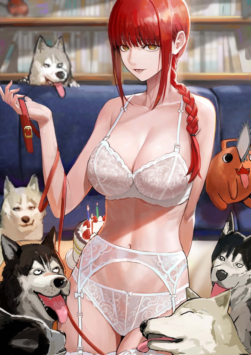 1girls 6boys animal animal_collar artist_request bangs bare_arms bookshelf bra braid breasts cake canine chainsaw_man clavicle cleavage clothing collar couch female food garter_belt hair_over_shoulder huge_breasts imminent_bestiality imminent_gangbang imminent_sex large_breasts licking licking_thigh lingerie makima_(chainsaw_man) makima_dogs navel open_mouth panties pantsu red_hair ringed_eyes sidelocks table thick_thighs thighs tied_hair tongue underwear yuebaihezi