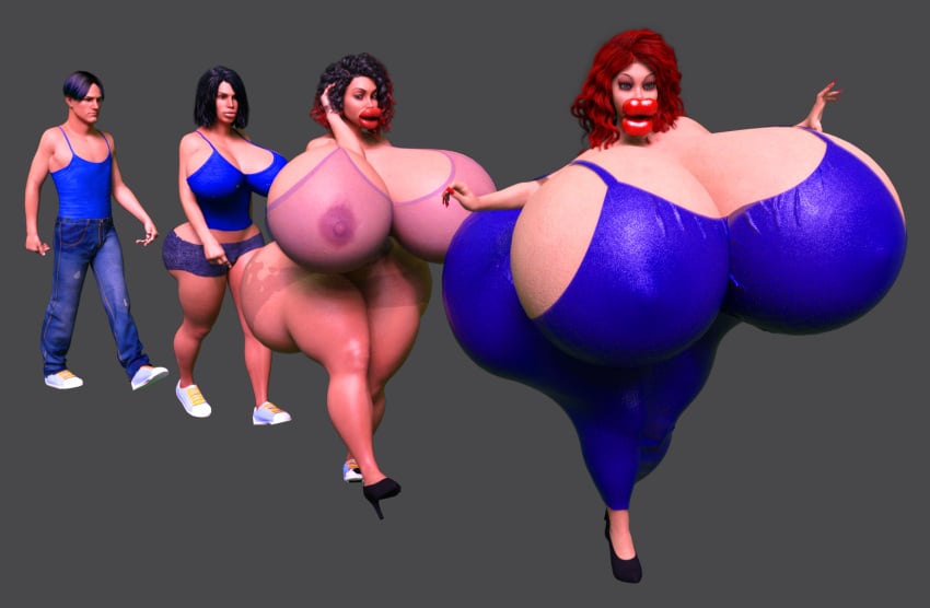 1boy 1girls 3d bimbo blue_outfit brown_hair gender_transformation high_heels huge_breasts hyper_bimbo jackd22 red_hair red_lipstick sequence transformation