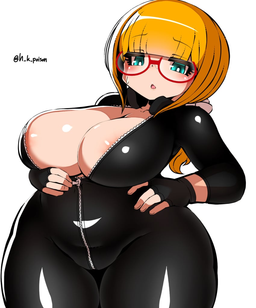 areola_slip areolae artist_name bangs big_breasts blonde_hair blush bodysuit breasts curvy eyebrows_visible_through_hair female fingerless_gloves glasses gloves green_eyes hair_ribbon haku_hakujou_daimaou highres i-8_(kantai_collection) kantai_collection large_breasts latex latex_bodysuit looking_at_viewer low_ponytail open_mouth plump ribbon simple_background solo thick_thighs thighs unzipping white_background wide_hips