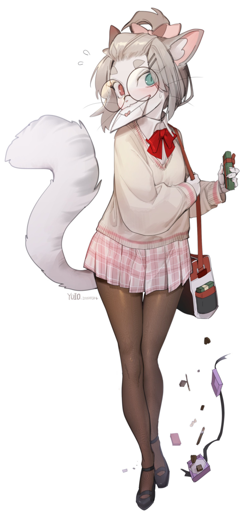 1girls anthro blue_eyes chocolate domestic_cat feline female female_only fur furry furry_only glasses grey_hair hair_ribbon heterochromia letter letter_in_mouth looking_at_viewer love_letter neck_ribbon original pantyhose red_eyes ribbon round_glasses school_uniform skirt slit_pupils solo solo_female sona_(yuio) sweater tied_hair valentine's_day very_high_resolution white_background white_fur yuio