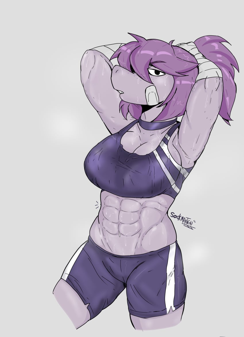 1girls abs absurd_res armpit_fetish armpits bandaid bandaid_on_cheek bandaid_on_face big_breasts deltarune deltarune_chapter_2 dinosaur female female_only freckles freckles_on_chest grey_background gym gym_clothes gym_shirt gym_shorts hands_behind_head headband large_breasts looking_at_viewer muscular muscular_female open_mouth purple_hair purple_skin short_hair simple_background sockmantgu solo susie_(deltarune) sweat sweat_stain sweatdrop sweaty_armpits sweaty_belly sweaty_tomboy taped_hands tied_hair tomboy