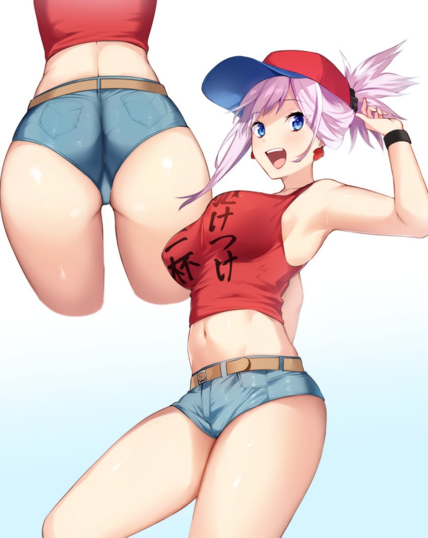 armpits ass ass_focus baseball_cap belly belt belt_buckle big_breasts blue_eyes bracelet breasts cameltoe covered_breasts covered_pussy crop_top danimaru earrings excited exposed_belly fate/grand_order fate_(series) hair_ribbon hat jean_shorts low_shorts medium_hair micro_shorts miyamoto_musashi_(fate) navel open_mouth pink_hair ponytail red_cap shirt shorts tight_clothing tomboy