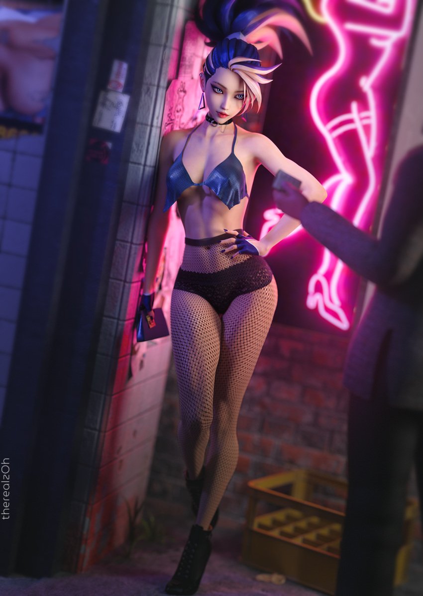 1girls 3d abs akali athletic blue_bra blue_gloves busty choker female female_focus high_heels hourglass_figure k/da_all_out_akali k/da_all_out_series k/da_series league_of_legends male multicolored_hair pantyhose prostitution solo tagme therealzoh unknown_character wide_hips