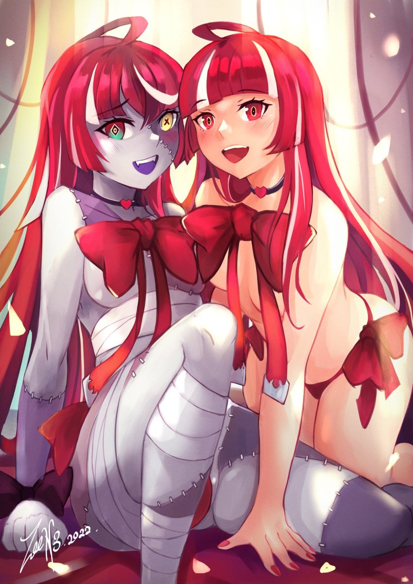 2girls alternate_timeline bandaged_leg bandages bandages_around_chest bed breasts choker commission covered_nipples detailed_background female female_focus female_only happy heterochromia highres hime_cut hololive hololive_indonesia hololive_indonesia_holoro human kureiji_ollie long_hair looking_at_viewer medium_breasts mostly_nude mostly_nude_female multiple_girls nude nude_female olivia_(kureiji_ollie) panties patchwork_skin red_eyes red_hair ribbon sitting sitting_down sitting_on_bed smile smiling_at_viewer stitches tagme take_your_pick thick_thighs virtual_youtuber yellow_eyes youtube youtuber zee_n3 zombie zombie_girl