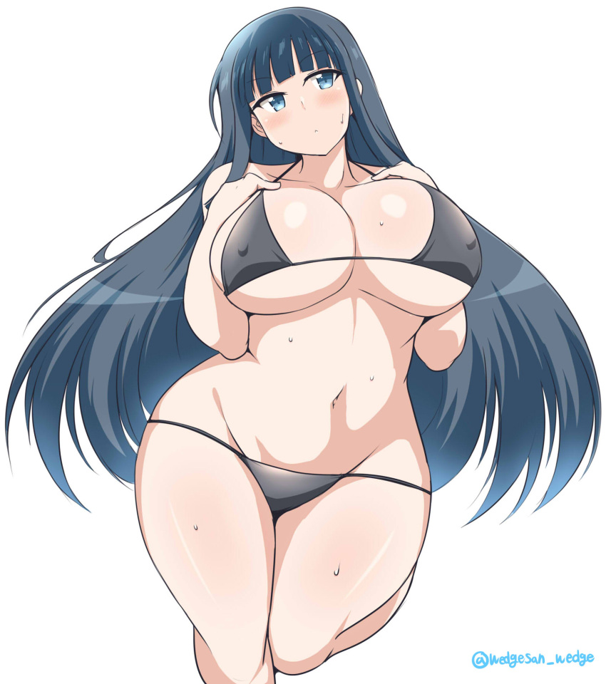 1girls artist_name bangs bikini black_bikini black_hair blue_eyes blunt_bangs blush breast_suppress breasts cleavage covered_nipples curvy eyebrows_visible_through_hair female highres ikaruga_(senran_kagura) large_breasts long_hair looking_away navel senran_kagura senran_kagura_shoujo-tachi_no_shin'ei simple_background solo sweat sweaty_breasts swimsuit wedge_(tyrl_stride) white_background wide_hips