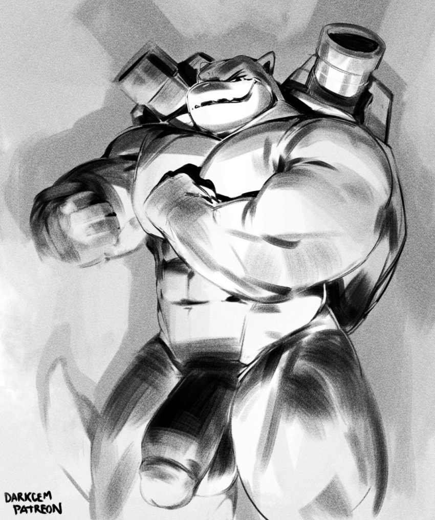 abs anthro biceps black_and_white blastoise casual_nudity darkgem dramatic_lighting fists_clenched flexing forearm_muscles genitals happy hi_res humanoid_genitalia humanoid_penis male male_focus male_only monochrome muscular muscular_anthro muscular_male navel nintendo nude pecs penis pokémon_(species) pokemon presenting proud quads shadow smile solo solo_focus tail video_games