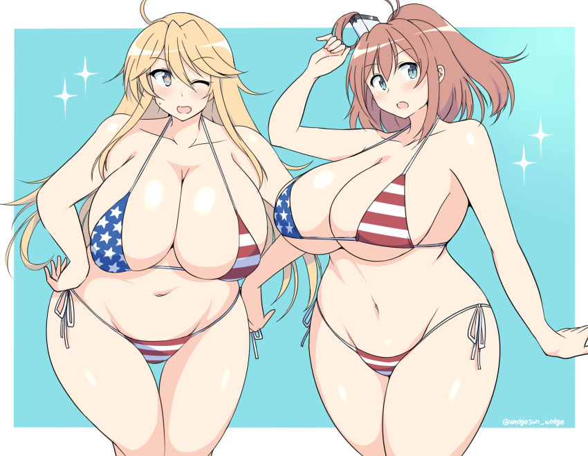 2girls american_flag_bikini bikini blonde_hair blue_eyes breasts brown_hair flag_print hair_between_eyes highres huge_breasts iowa_(kantai_collection) kantai_collection multiple_girls one_eye_closed plump ponytail saratoga_(kantai_collection) side-tie_bikini side_ponytail sidelocks smokestack smokestack_hair_ornament star-shaped_pupils star_(symbol) string_bikini swimsuit symbol-shaped_pupils wedge_(tyrl_stride)