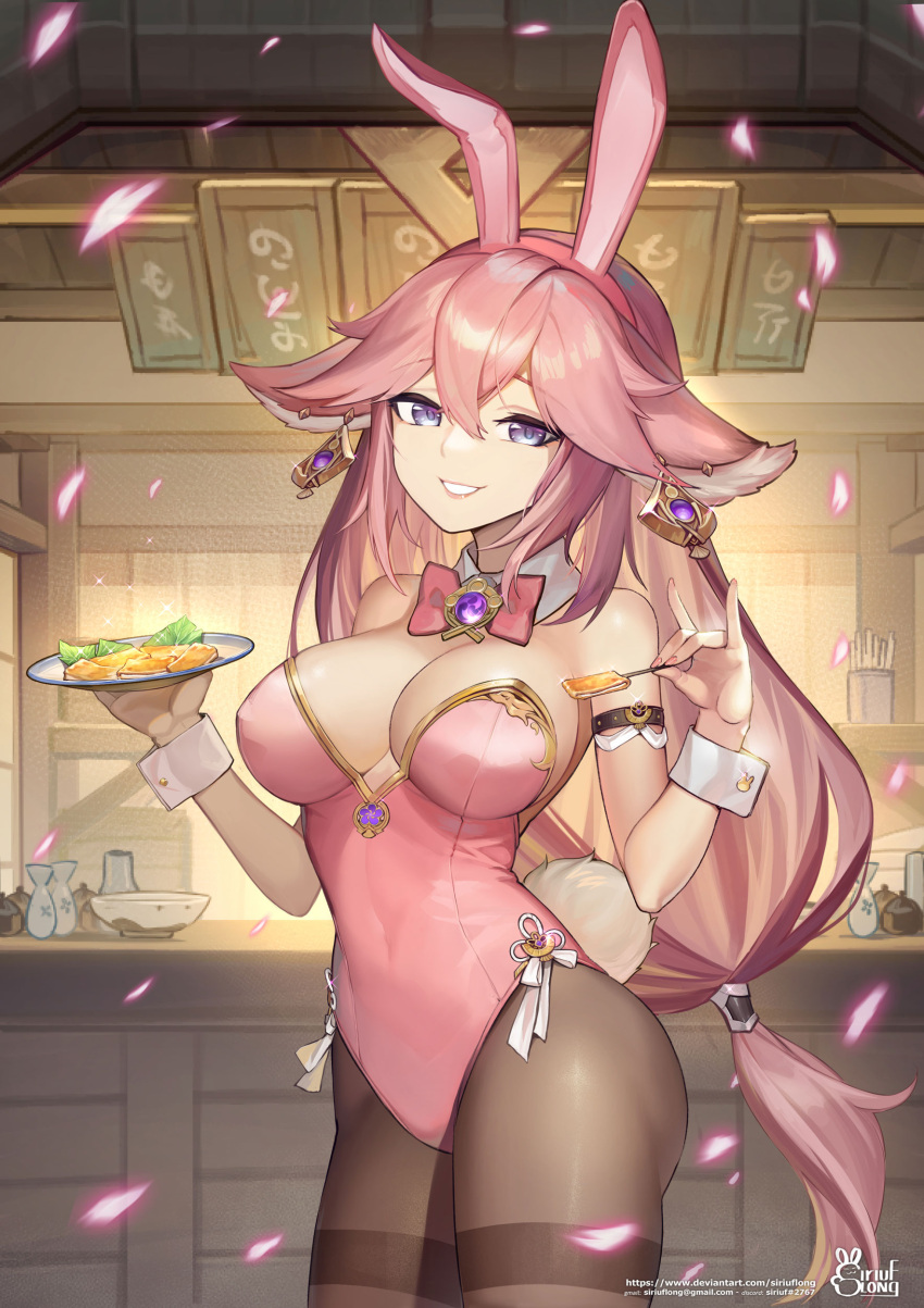 alcohol ass bowtie bunny_ears bunny_girl bunny_tail bunnysuit cleavage food fox_ears fox_girl genshin_impact large_breasts leotard lipstick looking_at_viewer pantyhose pink_hair pink_leotard playboy_bunny purple_eyes sake siriuflong smile waitress yae_miko