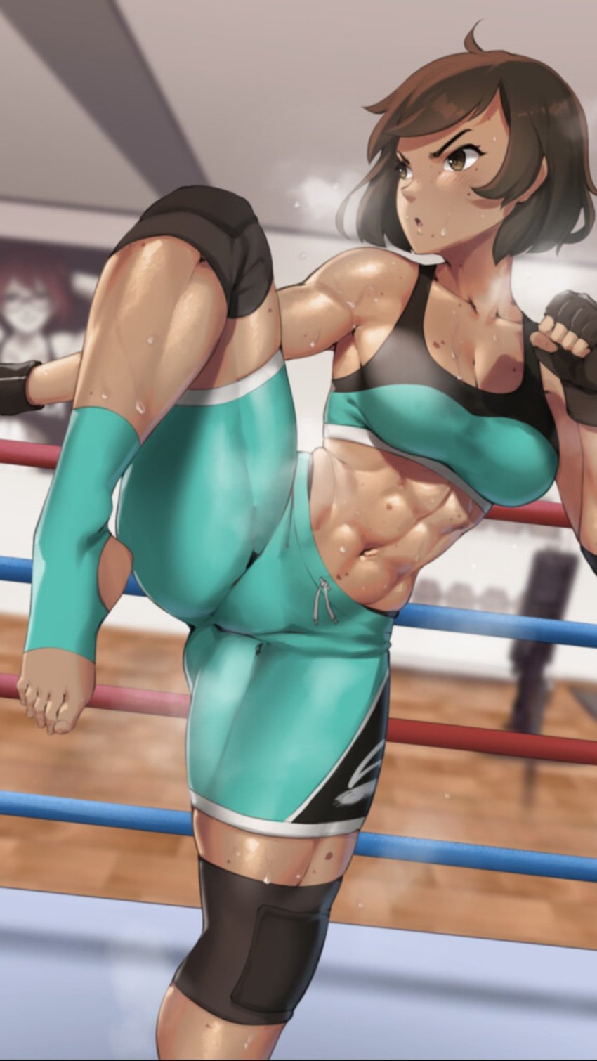 1girls abs eroblast feet feet_up female fighter fighting martial_arts muscular_female sarah:eroblast standing_on_one_leg sweating training