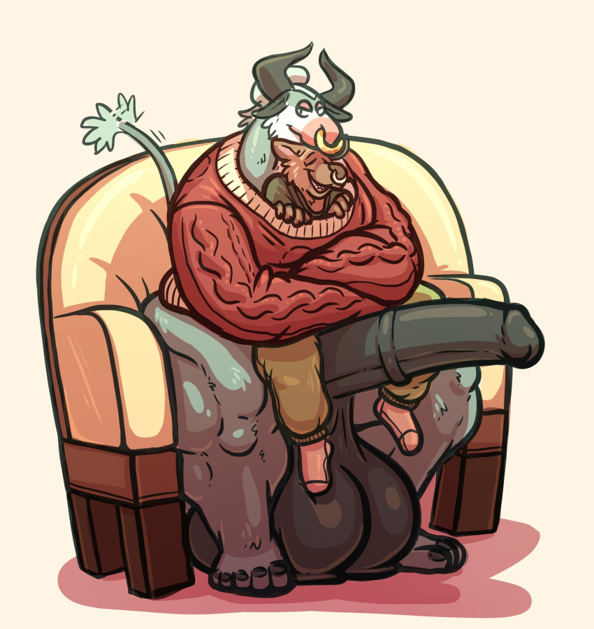 anthro balls barefoot big_balls big_penis bottomless bottomless_anthro bottomless_male bovid bovine cattle chubby_anthro chubby_male closed_eyes clothed clothing cuddling duo facial_piercing feet furniture genitals gerrark half-closed_eyes hi_res horn huge_balls huge_cock hyaenid hyper hyper_balls hyper_genitalia hyper_penis joe_(joebluefox) joebluefox looking_at_viewer love male male/male mammal man_bun muscular muscular_anthro muscular_male narrowed_eyes nose_piercing nose_ring on_sofa penis piercing romantic romantic_couple sitting sitting_on_sofa size_difference slightly_chubby smile smirk smug smug_face smug_grin sofa sweater topwear