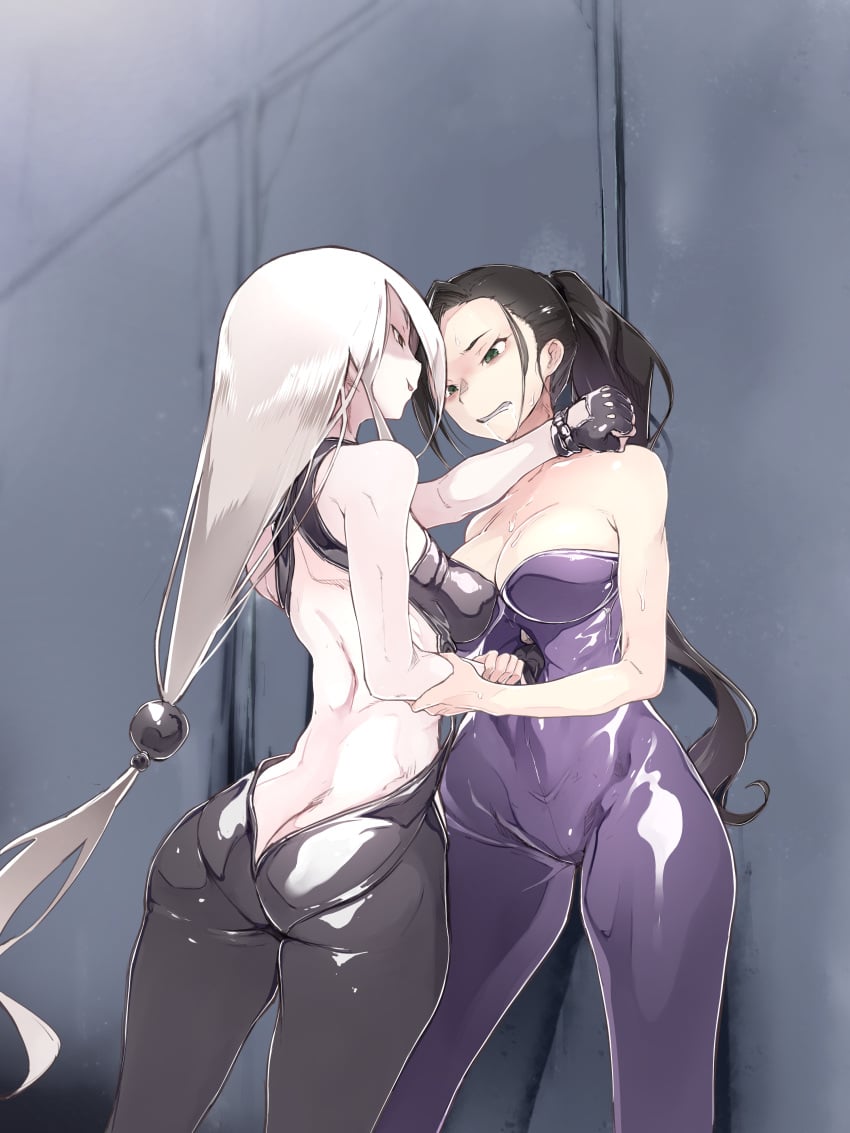 2girls alley armpits bare_back belly_punch blonde_hair brown_hair catfight choking face_to_face female female_focus female_only femdom gmi3 holding latex_clothing latex_suit original original_characters rubber_suit standing staredown tagme thick_thighs yuri