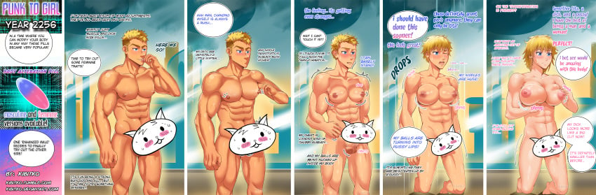 1boy abs breasts censored censored_penis changing_skin_color english_text feminization futanari human kibitko male masculine muscles muscular muscular_female muscular_male naked nipple_pinch nipple_pinching nipples nude pecs skin_color_change transformation transformation_sequence yellow_hair