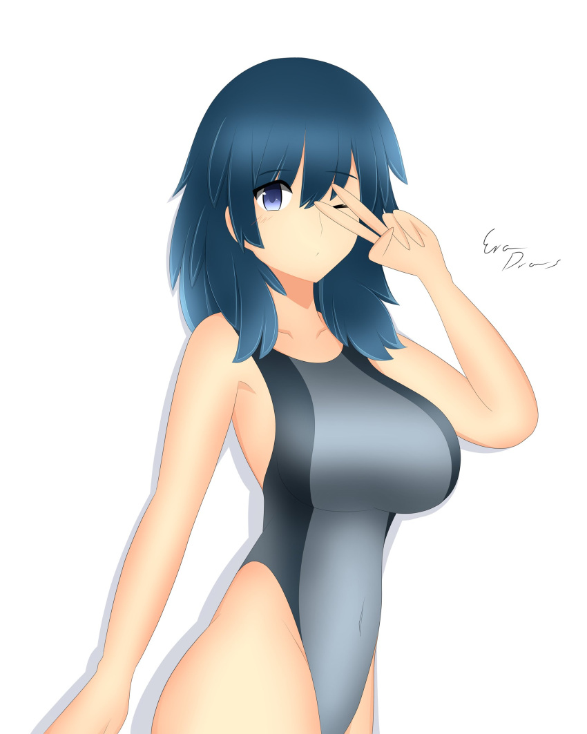 alternate_costume black_swimsuit blue_eyes blue_hair byleth_(fire_emblem) byleth_(fire_emblem)_(female) era_draws female female_only fire_emblem fire_emblem:_three_houses light-skinned_female light_skin nintendo one-piece_swimsuit solo solo_female swimsuit v v_over_eye