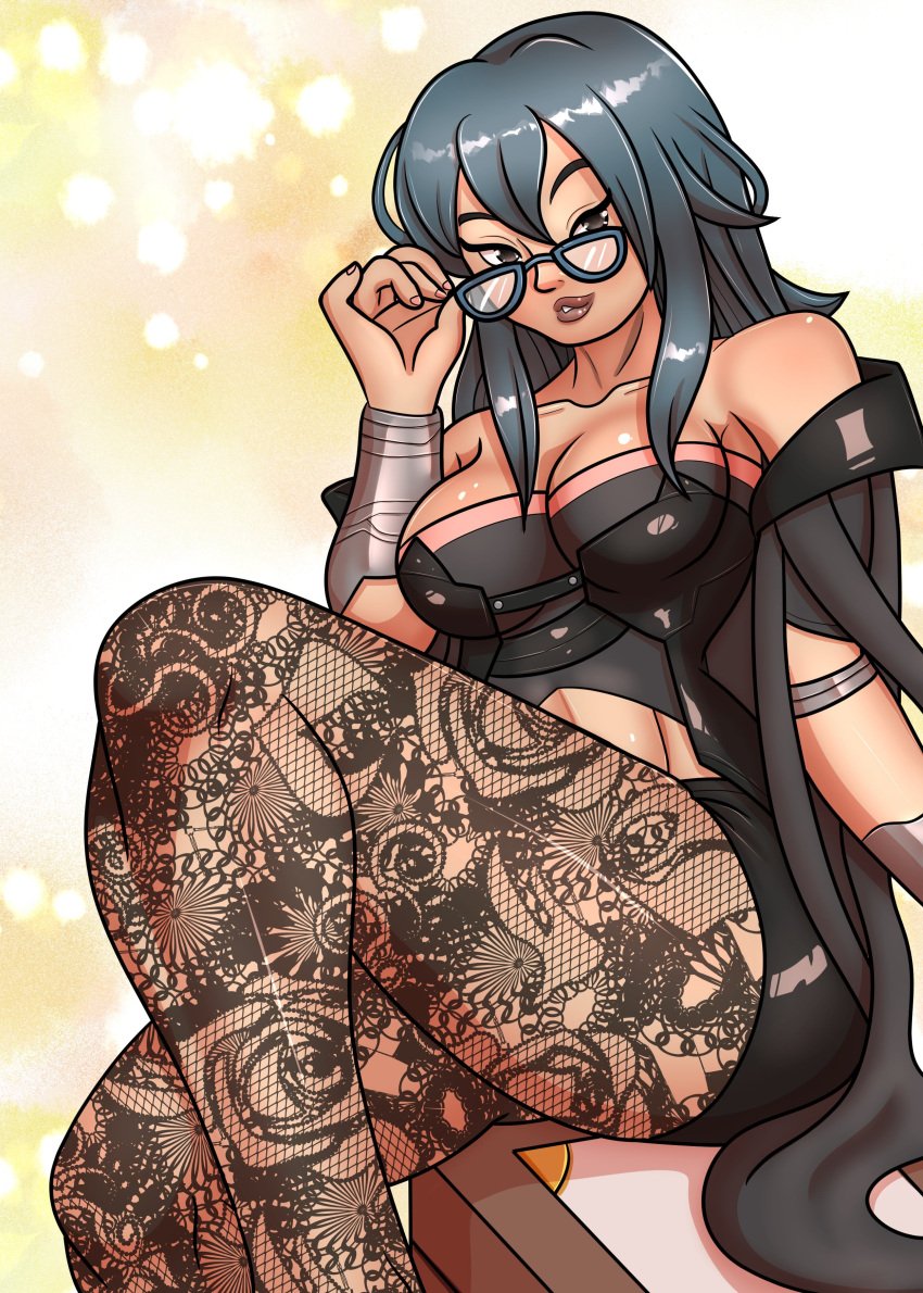 art_of_ryujisama aryujisama blue_eyes blue_hair byleth_(fire_emblem) byleth_(fire_emblem)_(female) female female_only fire_emblem fire_emblem:_three_houses glasses lace lace_legwear lace_stockings leggings light-skinned_female light_skin nintendo ryujisama solo solo_female