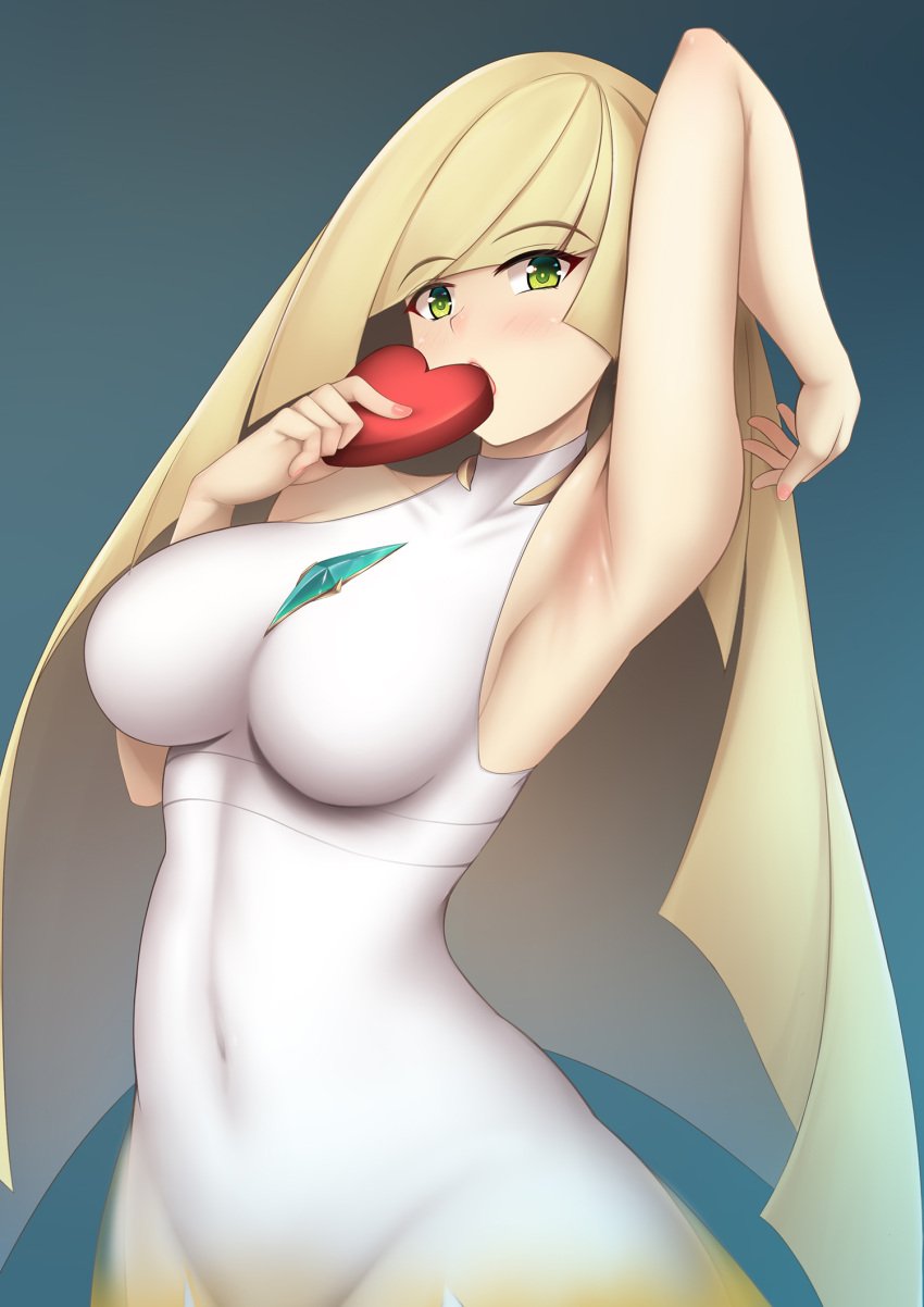 1girls arm_up armpits big_breasts blonde_hair breasts euforianatsumi eye_contact female green_eyes long_hair looking_at_viewer lusamine_(pokemon) mature_female milf nintendo pokemon pokemon_sm tight_clothing valentine's_day