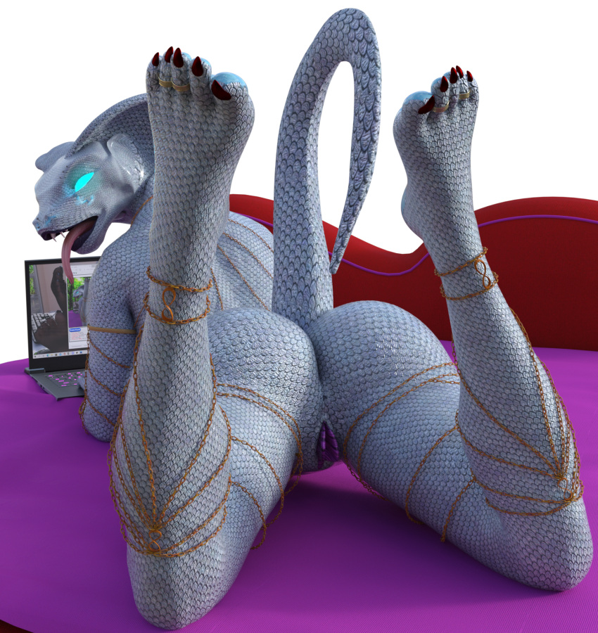 android anthro bbdworks chains colored_nails computer feet female glowing glowing_eyes hi_res humanoid hypnotic_eyes hypnotized laptop lying machine nails reptile robot scalie snake solo syndra_(bbd-works)