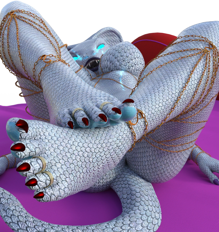 anthro bbdworks chains colored_nails digit_ring feet female foot_focus glowing glowing_eyes hi_res humanoid jewelry nails ring scalie solo syndra_(bbd-works) toe_ring