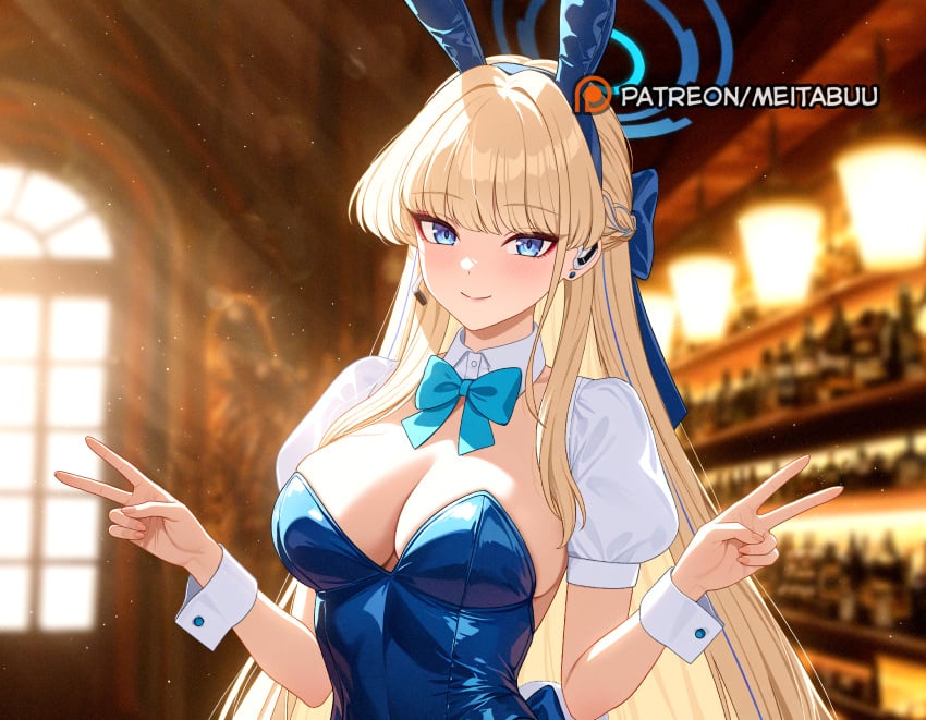 _long_hair ai_generated animal_ears blonde_hair blue_eyes blue_leotard blurry_background blush bow bowtie braid breasts closed_mouth double_bun eyeliner eyeshadow fake_animal_ears female hair_bun hairband halo large_breasts leotard long_hair looking_at_viewer makeup meitabuu playboy_bunny puffy_short_sleeves puffy_sleeves rabbit_ears short_sleeves smile solo swept_bangs thighhighs toki_(blue_archive) toki_(bunny)_(blue_archive) upper_body wrist_cuffs