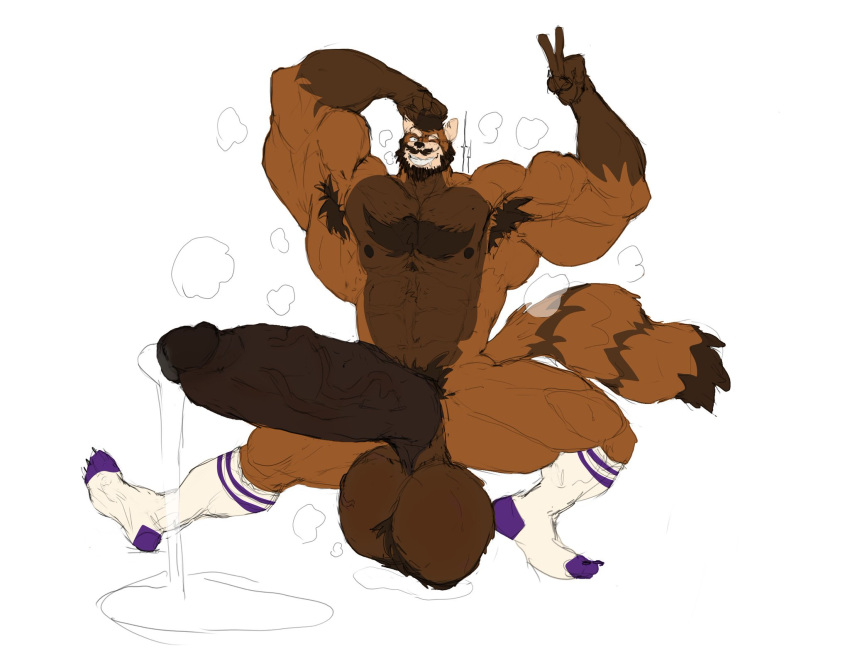 anthro balls bara big_balls big_penis flexing furry gay male male_only muscles muscular musk muskflask peace_sign penis precum precum_drip solo solo_male tanuki veiny_penis