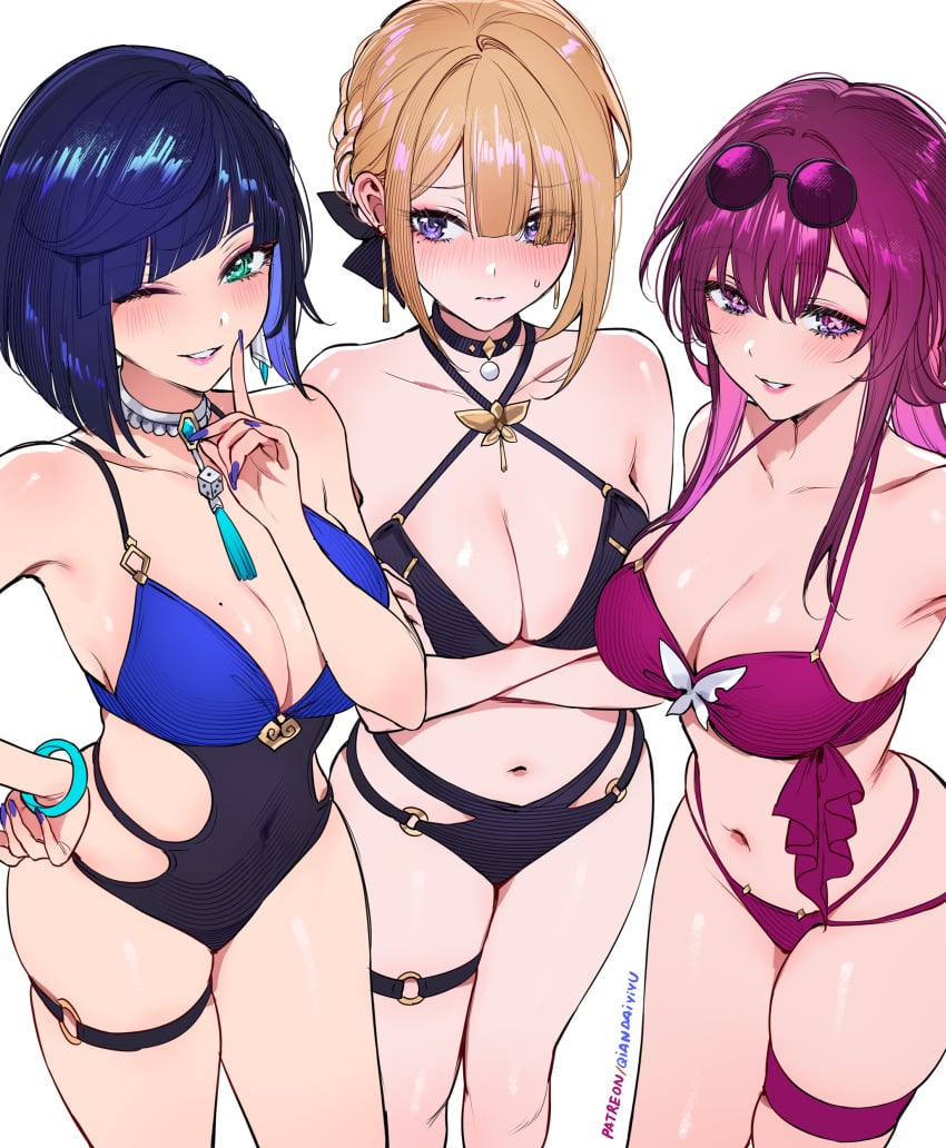 3girls absurdres alternate_costume bikini black_bikini black_choker blonde_hair blue_hair blue_nails blush breasts choker cleavage collarbone covered_navel criss-cross_halter crossed_arms crossover diagonal_bangs earrings evelyn_chevalier eyes_visible_through_hair eyewear_on_head feet_out_of_frame female genshin_impact glasses green_eyes halterneck hand_on_own_hip hand_up highres honkai:_star_rail honkai_(series) jewelry kafka_(honkai:_star_rail) large_breasts long_hair looking_at_viewer mole mole_on_breast mole_under_eye multiple_girls nail_polish navel one-piece_swimsuit one_eye_closed paid_reward_available parted_lips patreon_username pince-nez purple_bikini purple_eyes purple_hair qiandaiyiyu short_hair sidelocks simple_background skindentation smile standing stomach swimsuit symbol-shaped_pupils thigh_strap tongue tongue_out white_background yelan_(genshin_impact) zenless_zone_zero