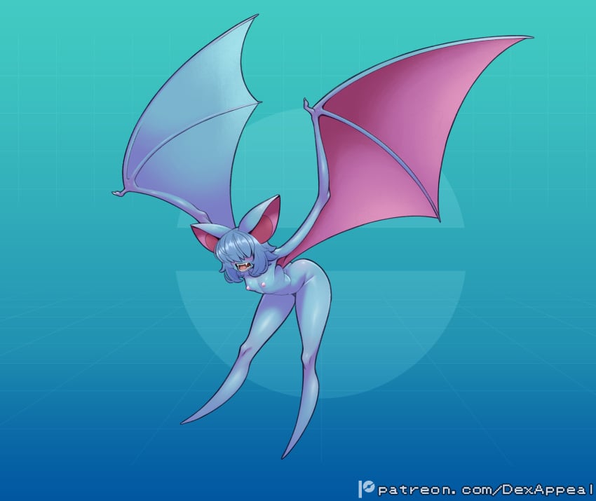areolae bat bat_girl batwings bending_over blue_body blue_hair dex_appeal eyes_hidden female flying generation_1_pokemon leaning_forward nintendo nipples open_mouth petite petite_body pokemon pokemon_(species) pokemorph small_breasts solo_female zubat