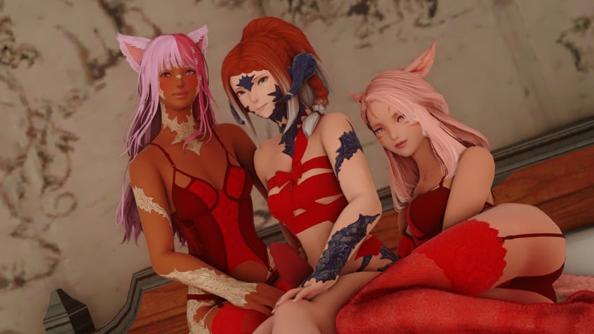 1futa 2girls 3d au_ra cat_ears cat_tail catgirl final_fantasy final_fantasy_xiv futanari gpose(ffxiv) horns kokume_rosebrace methalin_(shiori) miqo'te pink_eyes pink_hair raen red_hair scales shiori_rosebrace srosebrace tail trio valentine's_day xaela