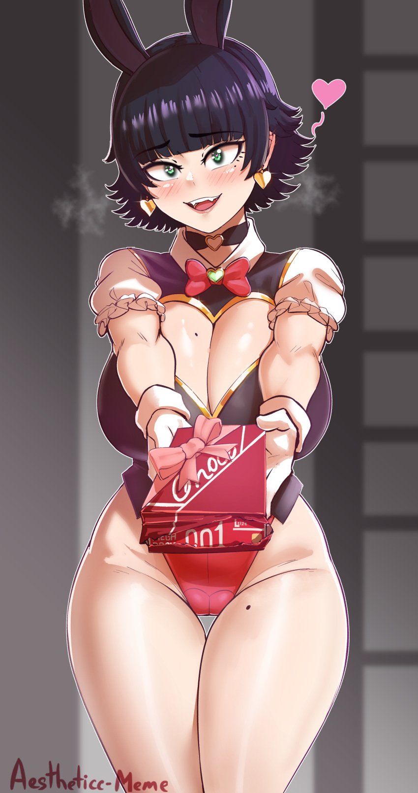 1girls aestheticc-meme alex/tomboy-chan big_breasts black_hair blush breasts bunny_ears bunnysuit eye_contact female gloves green_eyes high_resolution leotard looking_at_viewer original short_hair solo spoken_heart thick_thighs thighs tomboy valentine's_day wide_hips