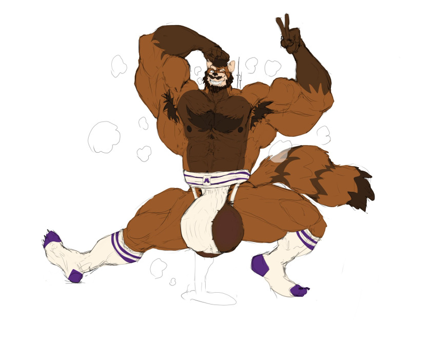 anthro balls bara big_balls big_penis flexing furry gay jockstrap male male_only muscles muscular musk muskflask peace_sign penis precum precum_drip precum_through_clothing solo solo_male tanuki