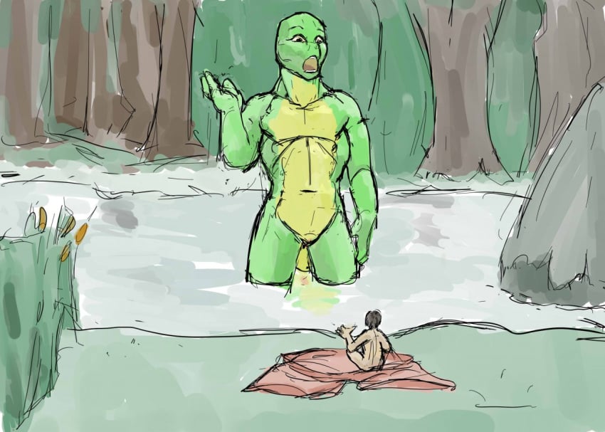 2012 ambiguous_gender anthro bottomwear brown_hair cattails clothing colored duo eye_contact forest forest_background genitals green_body green_skin guide_lines hair human jeri_kleinlowe looking_at_another macro macro_anthro male mammal micro micro_human nature nature_background navel nude nude_female open_mouth pale_skin partially_submerged plant pussy river rock shocked shorts sitting species_request tree vulva