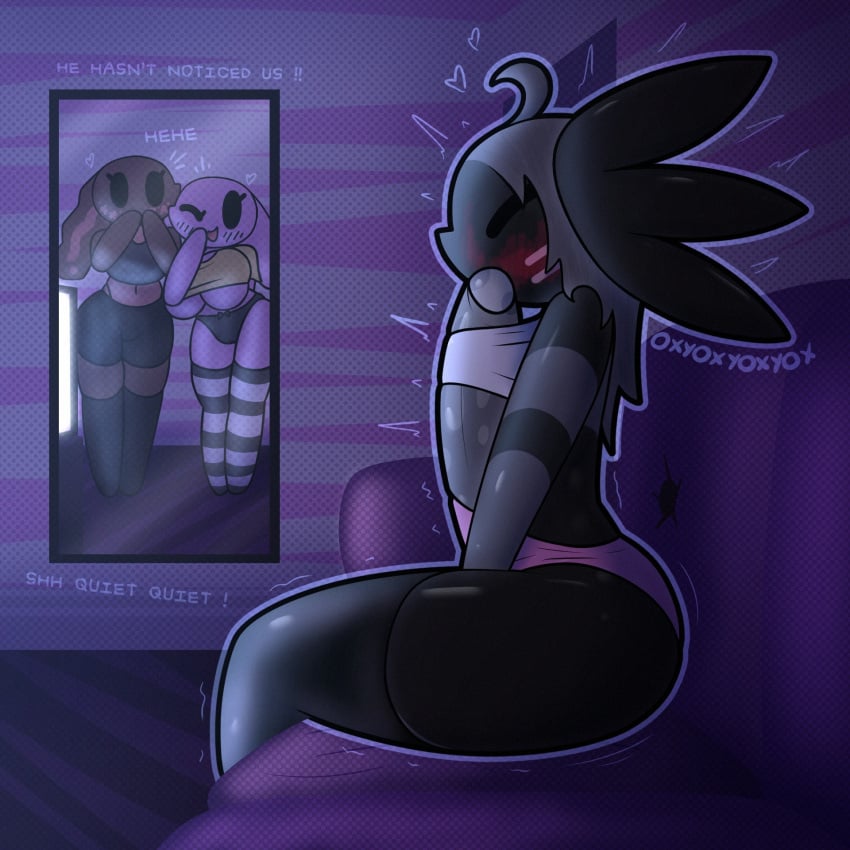1:1 2024 ahoge amphibian anthro artist_name autofellatio axolotl bangs big_breasts big_penis biped black_body black_eyes bottomwear breasts brown_body cinnamon_(oxyoxyoxyox) closed_eyes clothed clothing dialogue digital_drawing_(artwork) digital_media_(artwork) emanata english_text feet female floppy_ears footwear genitals grey_hair group hair heart_symbol hi_res huge_cock lagomorph legwear leporid licorice_(oxyoxyoxyox) long_ears looking_at_another lop_ears male mammal marine marshmallow_(oxyoxyoxyox) masturbation mirror mirror_reflection mole_salamander monotone_body motion_lines one_eye_closed oral oral_masturbation outline oxyoxyoxyox panties peeping penile penile_masturbation penis pink_body rabbit reflection salamander side_view simple_eyes sitting socks solo_focus standing text thick_thighs thigh_highs topwear trio under_boob underwear wide_hips