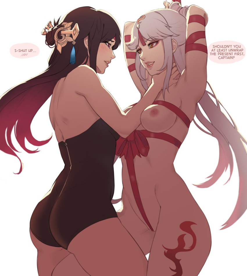 2girls arms_up asphyxiation beidou_(genshin_impact) between_labia black_hair bloopiest blush bondage bound bound_arms breasts english_text eye_contact femdom femsub genshin_impact happy_sub highres leg_tattoo leotard lezdom lezsub looking_at_another multiple_girls naked_ribbon ningguang_(genshin_impact) nipples ribbon smile speech_bubble strangling strapless strapless_leotard tattoo white_hair willing_sub yuri zipper zipper_pull_tab