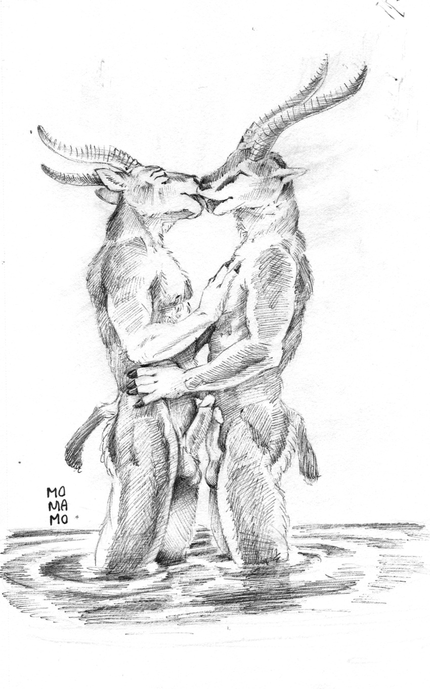 2021 absurd_res antelope anthro balls bovid dicks_touching duo erection frottage fur gazelle genitals hand_on_chest hand_on_hip hi_res horn kissing male male/male mammal momamo nude open_mouth sex simple_background smile thomson's_gazelle tongue traditional_media_(artwork) true_antelope