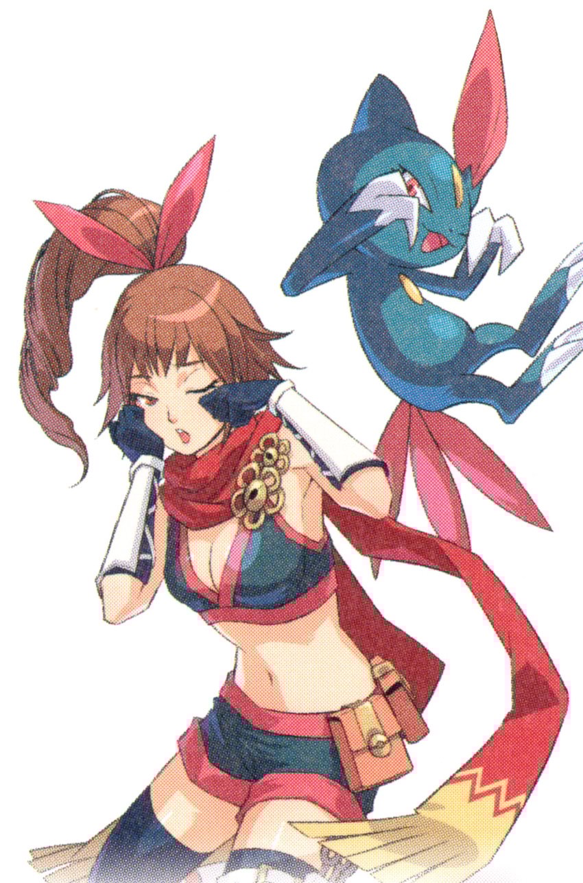 1girls armpit bare_midriff bare_shoulders boob_window brown_hair cleavage exposed_thighs female kunoichi_(pokemon) ninja nintendo official_art pokemon pokemon_conquest ponytail red_scarf scan sfw short_shorts sneasel teasing thigh_gap