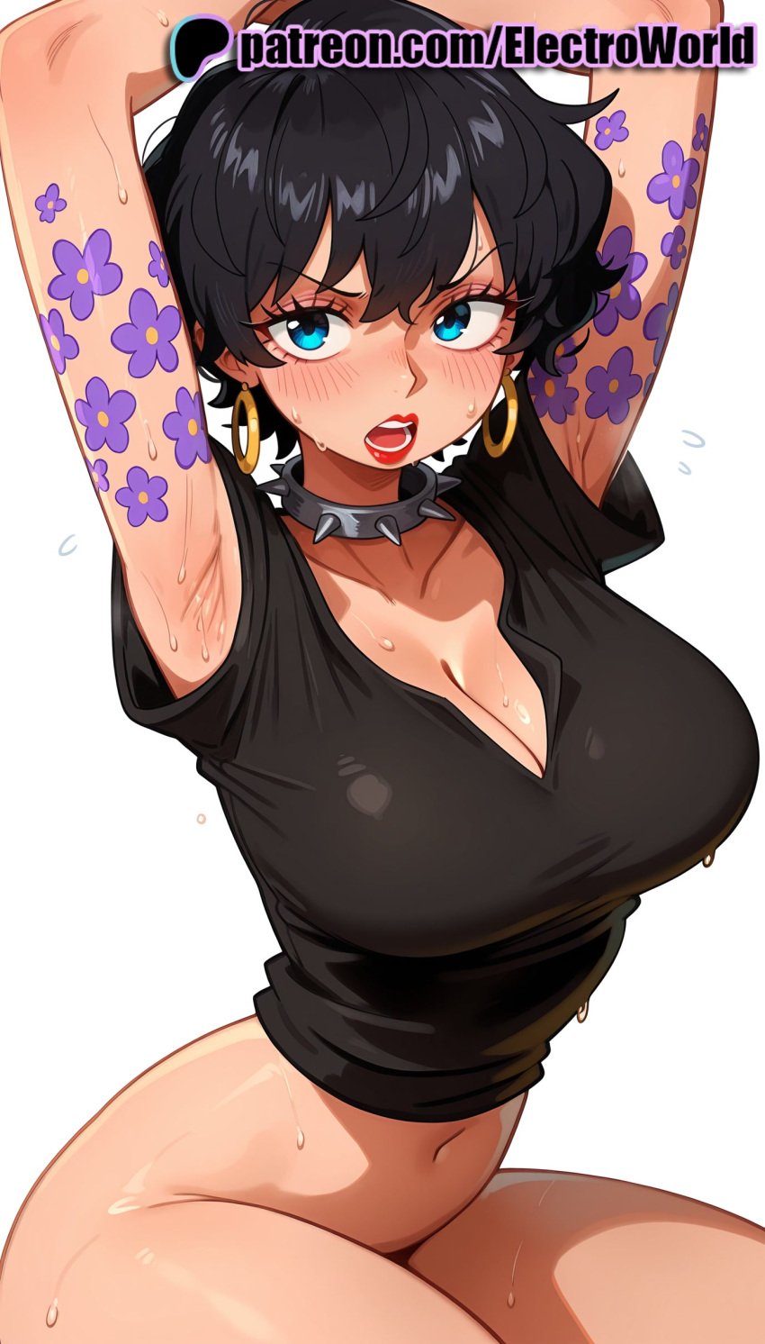 1girls 2025 ai_generated arm_behind_head armpits artist_name blue_eyes blush breasts breasts breasts bust chest cleavage doll_(one_piece) earrings electroworld female flying_sweatdrops hi_res high_quality high_resolution highres jewelry navel one_piece patreon patreon_username short_hair solo stable_diffusion sweat watermark