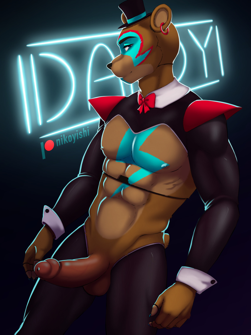 2022 animatronic anthro armwear balls black_clothing black_topwear bottomwear bow_tie clothed clothing conditional_dnp daddy_kink digital_media_(artwork) ear_piercing english_text erection five_nights_at_freddy's five_nights_at_freddy's:_security_breach fur genitals glamrock_freddy_(fnaf) half_naked hat headgear headwear hi_res humanoid_genitalia humanoid_penis latex latex_armwear latex_bottomwear latex_clothing latex_legwear latex_thigh_highs latex_topwear legwear looking_at_viewer machine male male_only mammal muscular nikoyishi nipples nude penis piercing reverse_bunny_costume robot rubber scottgames shaded simple_background smile solo standing text top_hat topwear ursid video_games