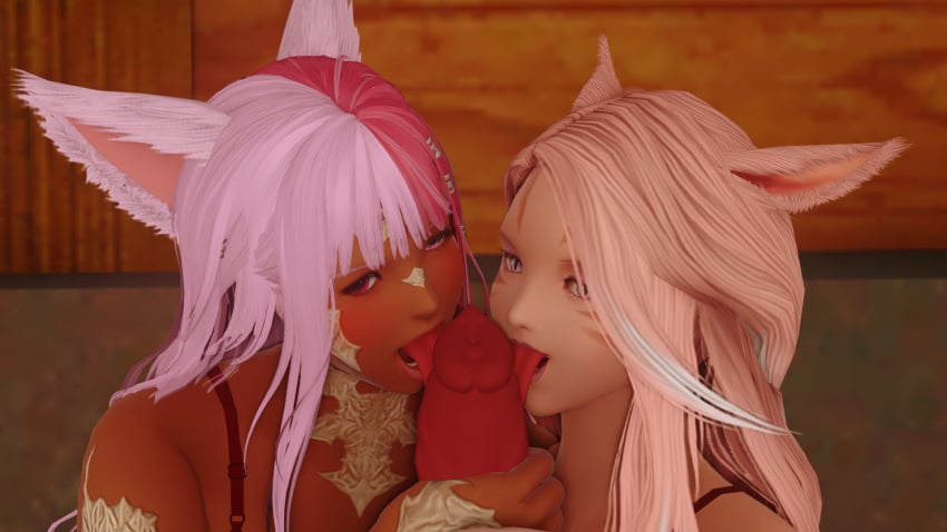 2girls 3d au_ra canine_penis cat_ears catgirl final_fantasy final_fantasy_xiv gpose(ffxiv) knotted_penis kokume_rosebrace licking licking_penis miqo'te pink_eyes pink_hair raen red_hair scales shiori_rosebrace srosebrace trio valentine's_day