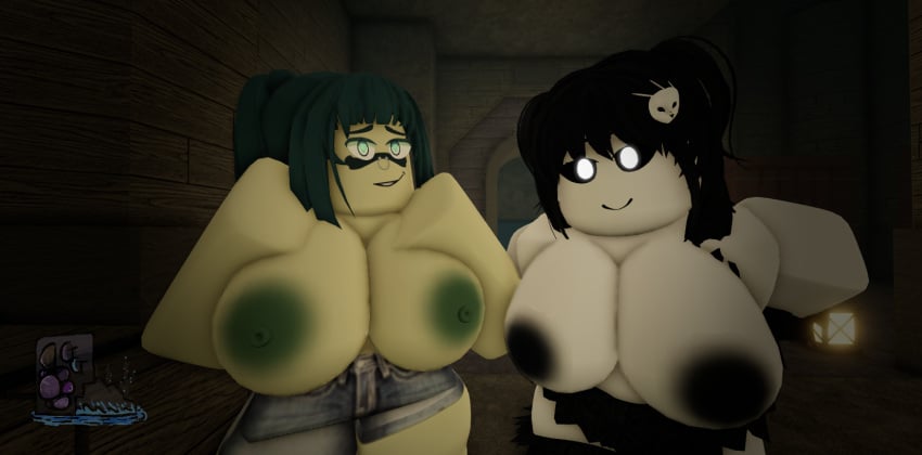 2girls 3d big_breasts breasts celtor_(deepwoken) deep_owl_(deepwoken) deepwoken gheps hand_on_breast hands_behind_back hands_on_breasts huge_breasts massive_breasts nipples roblox roblox_game source_request thick_thighs thighs