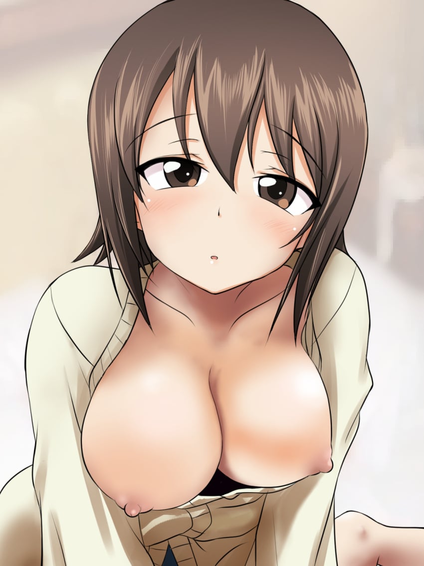 blush breasts breasts_out brown_eyes brown_hair female girls_und_panzer large_breasts looking_at_viewer nekohige nipples nishizumi_maho open_mouth solo