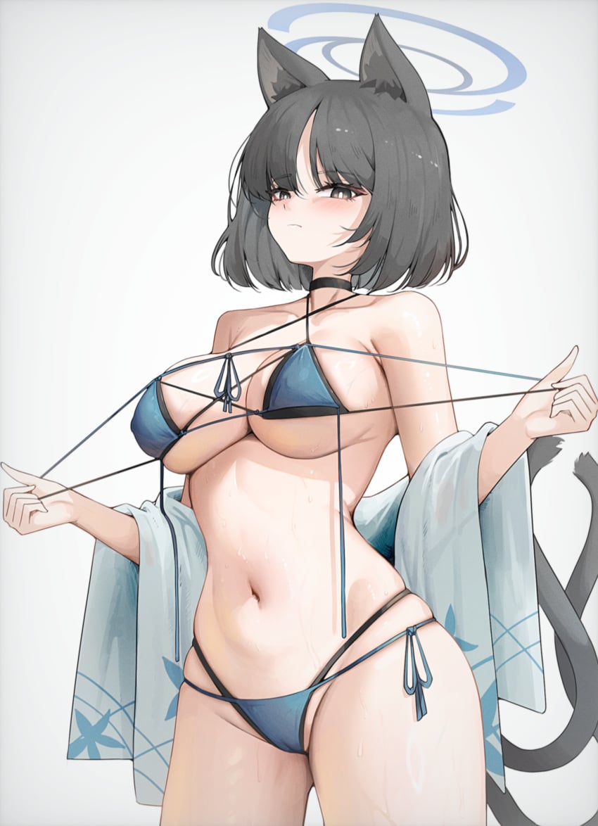 absurdres allied_hyakkiyako_academy_student animal_ear_fluff animal_ears awun bare_shoulders black_eyes black_hair blue_archive blue_haori blush breasts cat_ears cat_girl cat_tail closed_mouth female haori highres hyakkaryouran_conflict_resolution_council_(blue_archive) japanese_clothes kikyou_(blue_archive) kikyou_(swimsuit)_(blue_archive) looking_at_viewer multiple_tails navel official_alternate_costume parted_bangs short_hair solo stomach tail two_tails