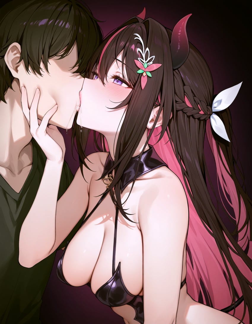 1boy 1girls ai_generated azki_(hololive) belly belly_button blush brown_hair female hololive horns kissing large_breasts long_hair male navel pink_hair purple_eyes revealing_clothes smile straight succubus succubus_tail thighs tongue_kiss virtual_youtuber white_hair