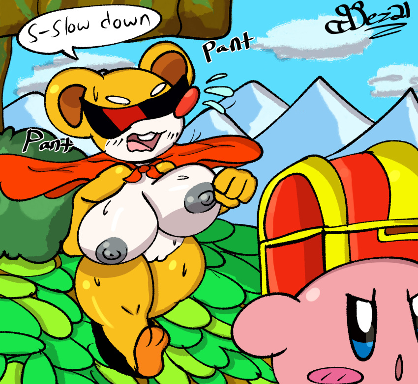 anthro ass big_breasts big_butt bodily_fluids bouncing_breasts breasts cape clothing dezmine21 dialogue digital_media_(artwork) duo english_text exhausted eyewear female fur furry genitals hi_res huge_breasts kirby kirby_(series) kirby_squeak_squad mammal mouse murid murine nintendo nipples nude open_mouth outside plant pussy rodent running shortstack spinni sweat sweatdrop text thick_thighs video_games white_body wide_hips yellow_body yellow_fur