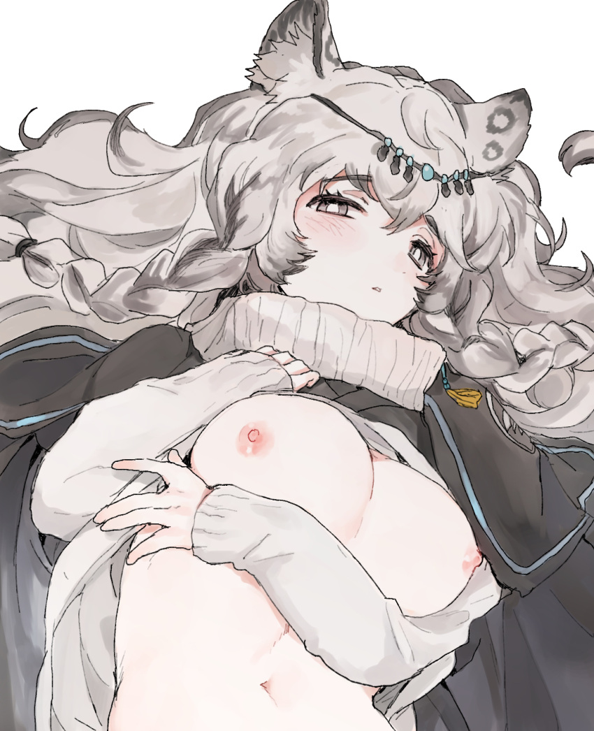 1girls animal_ears areolae arknights big_breasts blush breasts clothed dal-gi embarrassed exposed_breasts female female_only grey_eyes half-closed_eyes light-skinned_female long_hair looking_at_viewer lying medium_breasts navel nipples no_bra pramanix_(arknights) shy solo sweater twin_braids uniform white_background white_hair