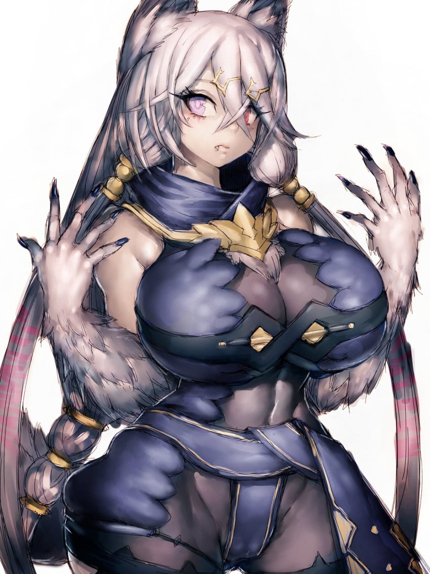 animal_ears atelier_(series) atelier_ryza bare_shoulders breasts cleavage commentary_request covered_navel female fingernails fumio_(rsqkr) fur heterochromia highres huge_breasts lila_decyrus long_hair looking_at_viewer nail_polish oerba_yun_fang purple_eyes red_eyes sharp_fingernails silver_hair simple_background solo very_long_hair white_background wolf_ears