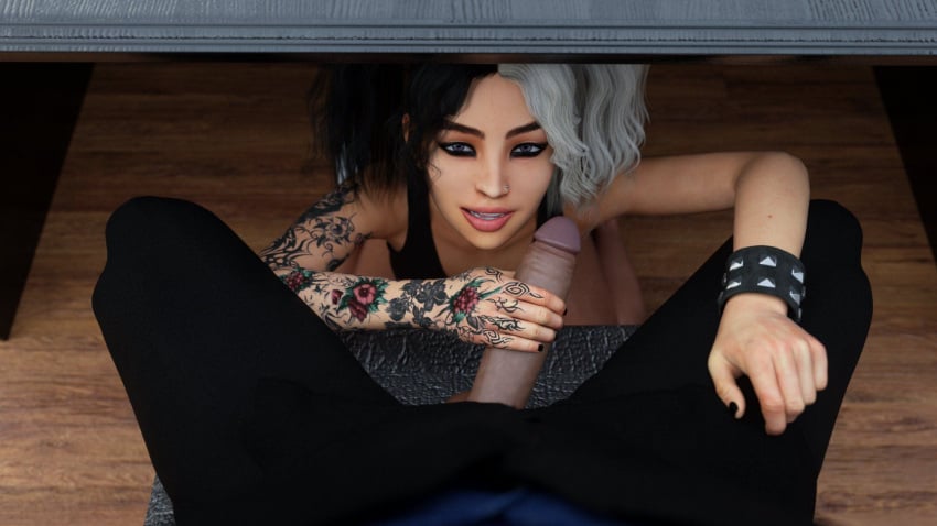 1boy 1girls big_penis cindy_(milfy_city) curved_to_the_right_penis female grabbing_penis icstor imminent_oral milfy_city pierced_nose piercing pov pov_blowjob pov_male suit tagme tattoo tattooed_arm tattooed_female tattooed_hand tattoos twintails under_table under_the_table