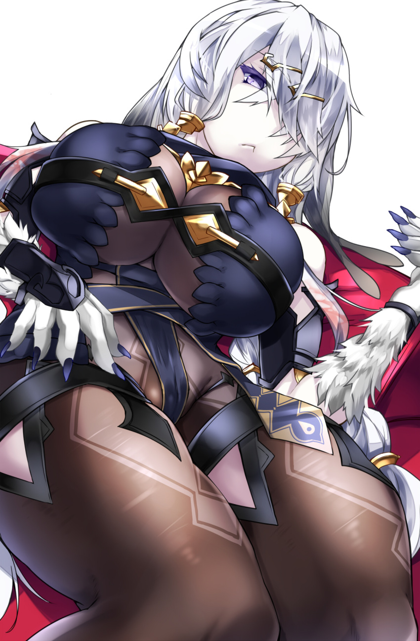 :< atelier_(series) atelier_ryza bare_shoulders bodysuit breasts female fingernails hair_ornament hair_over_one_eye highres large_breasts lila_decyrus long_hair looking_at_viewer lying nail_polish on_back pale_skin purple_eyes purple_nails sharp_fingernails shimeno_puni silver_hair solo very_long_hair